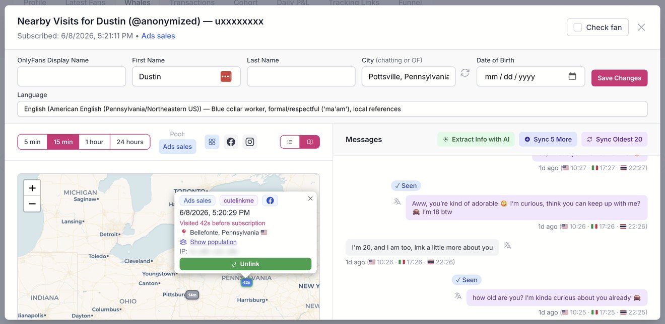 Fan matching showing identified visits, location and language