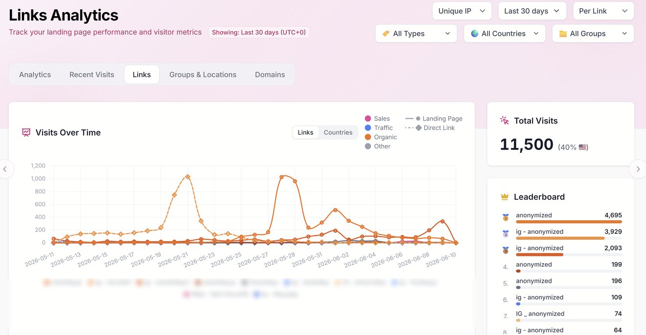 Per-link landing page analytics by source and country